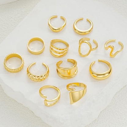 17 MILE Chunky Gold Stackable Rings for Women Non Tarnish, 18K Gold-Plated Statement Open Stacking Rings, Knuckle Band Ring Set - color: 12 Pcs Gold