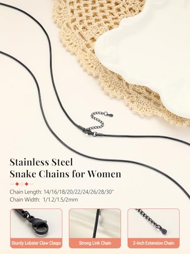 FaithHeart 1/1.2/1.5/2mm Snake Chain Necklace for Women, Silver/Black/14K Gold/Rose Gold Plated Stainless Steel Snake Necklace Smooth Dainty Thin Women's Chains, Length 14-30" with Gift Box - color: Black