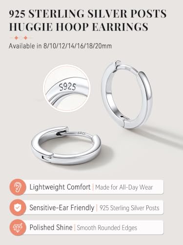 FaithHeart 925 Sterling Silver Post Huggie Hoop Earrings for Women 8-20mm | Silver/Black/Gold/Rose Gold Small Hoop Earrings, Hypoallergenic Lightweight Cartilage Huggie Earrings, Gift Box - color: Silver, size: 8mm