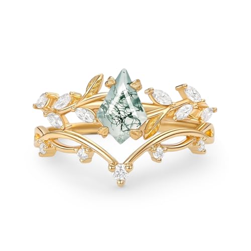 Natural Moss Agate Leafy Vintage Bridal Sets Wedding Rings for Women, 10K 14K 18K Solid Gold Kite-Cut Green Moss Agate and Moissanite Engagement Ring for Women Mother Her Jewelry Gift - color: 12-style12