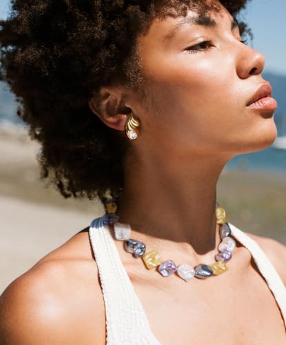 Aobei Pearl Gemstone Beaded Choker Necklace for Women Boho Turquoise/Cultured Freshwater Pearls/Garnet/Amazonite Jewelry - color: S Colorful Shell Pearl