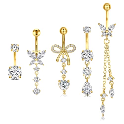 14G Stainless Steel Belly Button Rins, Heart Dangle CZ Pearl Belly Piercings, Cute Navel Barbell Piercing Jewelry For Women - color: Gold