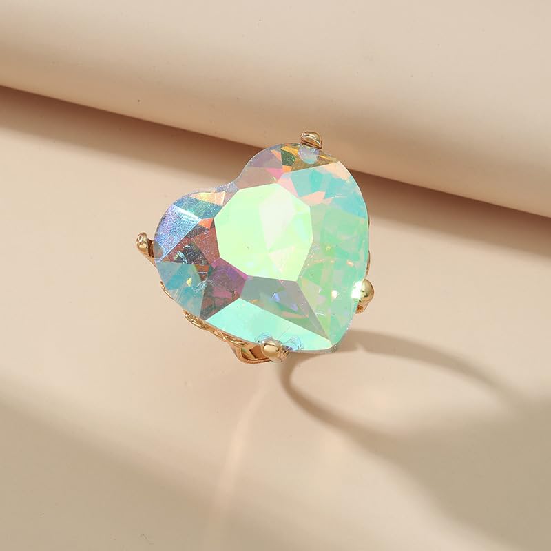 Mnyixsi Fashion Multi Color Big Crystal Heart Ring for Women, Open Adjustable Design Colorful Thick Heart Wedding Statement Ring, Shiny CZ Crystal Love Romantic Engagement Promise Ring Style 6 - color: Style 6