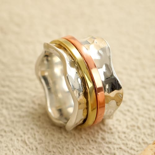 ENERGY STONE 925 Sterling Silver Fidget Ring | Women Spinner Ring | Breeze | Clean Simple Silver Ring | Fidget Anxiety Comfort Meditation Ring | Brass & Copper Spinners on Hammered Base | Size 5-12