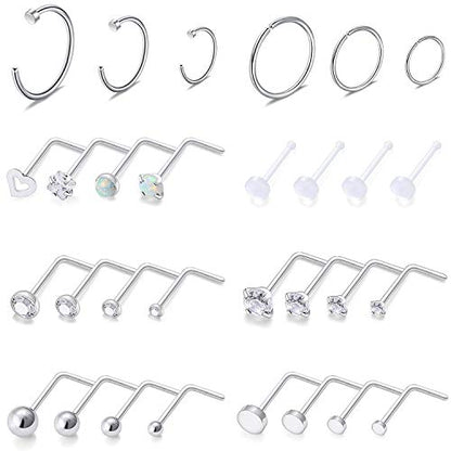 SCERRING 18G Stainless Steel L-Shaped Nose Stud Rings Tragus Lip Hoop Piercing Jewelry 1.5-3mm Clear CZ 8-30PCS - color: 30PCS - Silver