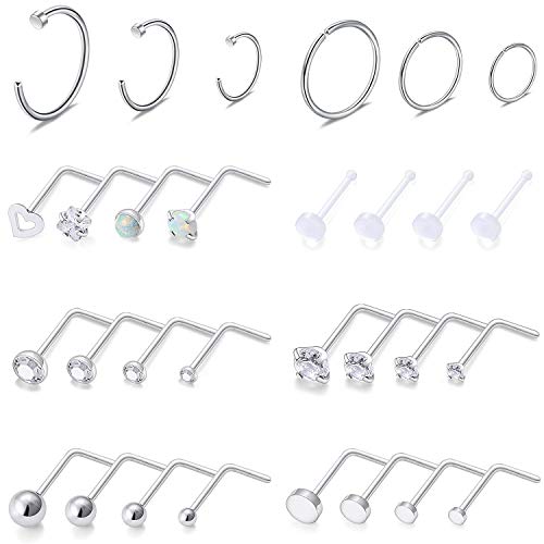 SCERRING 18G Stainless Steel L-Shaped Nose Stud Rings Tragus Lip Hoop Piercing Jewelry 1.5-3mm Clear CZ 8-30PCS - color: 30PCS - Silver