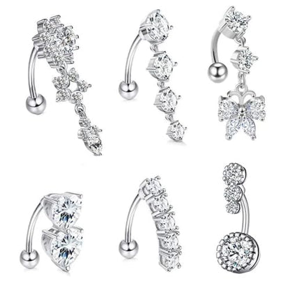 6Pcs 14G Surgical Steel Reversed Belly Button Rings for Women Sparkling CZ Crystal Dangle Belly Button Ring Curved Navel Barbell 3/8" 10mm Navel Piercing Jewelry - color: Silver