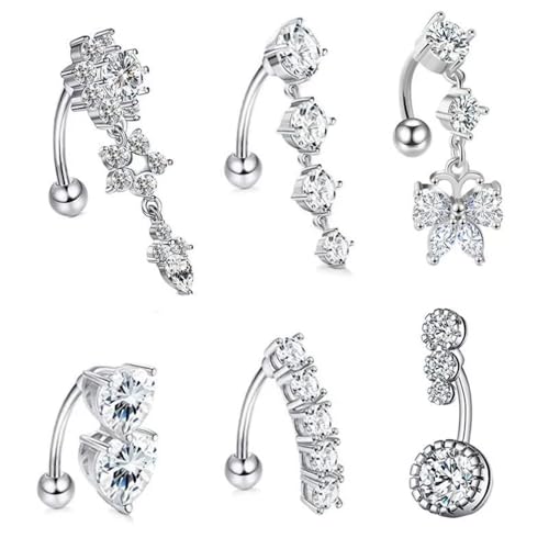 6Pcs 14G Surgical Steel Reversed Belly Button Rings for Women Sparkling CZ Crystal Dangle Belly Button Ring Curved Navel Barbell 3/8" 10mm Navel Piercing Jewelry - color: Silver