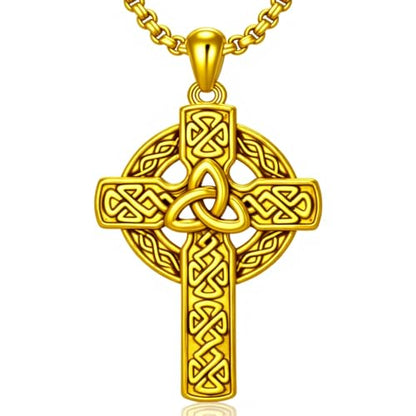 Celtic Cross Necklace For Men ，18K Gold Plated Celtic Cross Celtic Amulet Necklace Protection Jewelry Religious Gifts with 2.5mm 22"+2" Adjustable Rolo Chain - style: style6