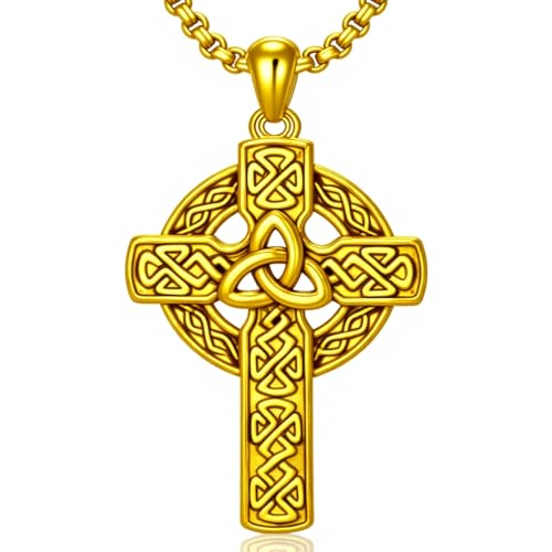 Celtic Cross Necklace For Men ，18K Gold Plated Celtic Cross Celtic Amulet Necklace Protection Jewelry Religious Gifts with 2.5mm 22"+2" Adjustable Rolo Chain - style: style6