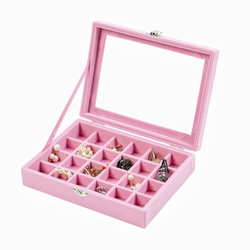 24 Grid Jewelry Ring Display Organizer Box, Pink Earrings Holder Tray, Small Jewelry Organizer with Clear Lid for Women & Girls - color: Pink, size: 24Grids