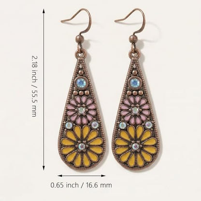 Bohemian Crystal Teardrop Dangle Earrings, Copper, Tribal Geometric Design, Handmade National Style for Women - color: Yellow