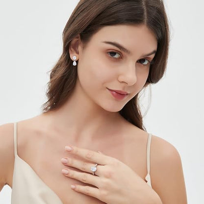 Cubic Zirconia Stud Earrings for Women,18K White Gold Plated,Women's 925 Sterling Silver Simulated CZ Earrings with Pear/Round/Princess/Oval Cut. - style: Pear-Round