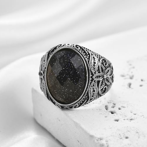 Retro Large Tiger Eye Stone Turquoise Wedding Ring For Men Classical Gothic Stainless Steel Rings - color: Silver-Black