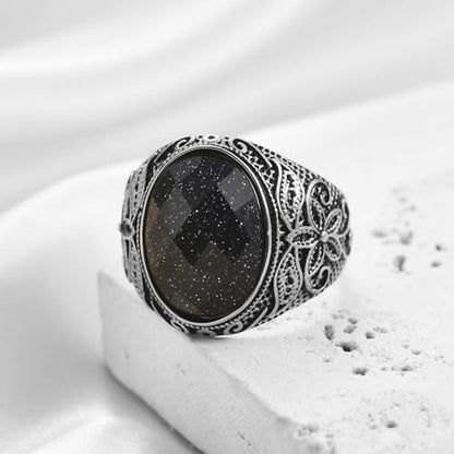 Retro Large Tiger Eye Stone Turquoise Wedding Ring For Men Classical Gothic Stainless Steel Rings - color: Silver-Black
