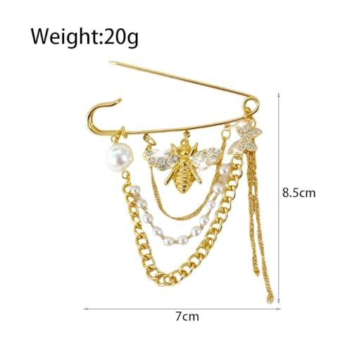 Gold Dainty Bee Chain Layered Tassel Brooch Pin for Women,Baroque Trendy Faux Pearl Beaded Statement Lapel Pin Fashion Delicate Jewelry Accessories