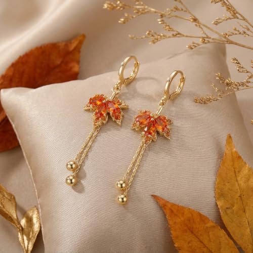 Sonateomber Christmas Tree Dangle Small Gold Hoop Earrings for Women, Cute Sparkly CZ Rhinestone Maple Clover Leaf Drop Earings Thanksgiving Holiday Accessories Fashion Jewelry Gift - color: Fall Maple
