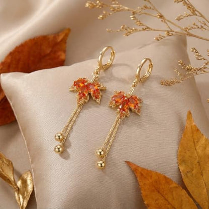 Sonateomber Christmas Tree Dangle Small Gold Hoop Earrings for Women, Cute Sparkly CZ Rhinestone Maple Clover Leaf Drop Earings Thanksgiving Holiday Accessories Fashion Jewelry Gift - color: Fall Maple