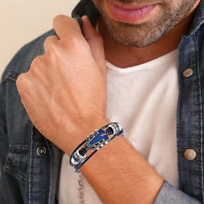 Angyape Retro Faux Leather Guitar Bracelet, Zinc Alloy Rock Music Guitar Leather Bracelet Punk Handmade Braided Multi-Layer Wrap Guitar Shape Decorative Cuff Bracelet Musical Enthusiast Gift - color: Blue