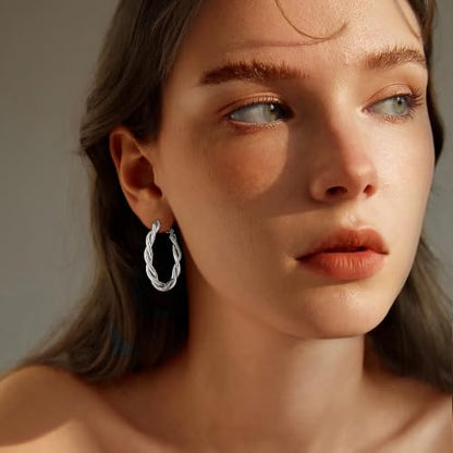 OGD Teardrop Hoop Earrings for Women 14K Gold Plated Large Chunky Oval Pull Through Hoop Earrings Statement Jewelry Gift for Women Hypoallergenic - color: Twisted Hoop-Silver38mm