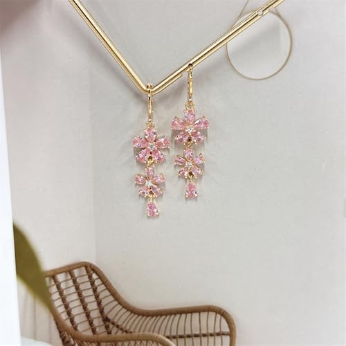 Cute Pink CZ Flower Dangle Drop Hoop Earrings for Women Dainty Elegant Gold Plated Crystal Floral Teardrop Tassel Statement Dangling Hypoallergenic Lightweight Fashion Trendy Jewelry for Her Bff
