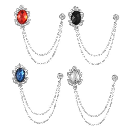 4PCS Rhinestone Vintage Brooch Lapel Pin Chain Suit Tassel Collar Hanging Chains for Shirts Badge Tuxedo Accessories Scarf Tie Pins for Women Men Birthday Gift - color: Silver color