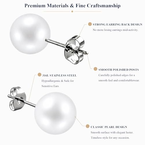 12 Pairs Simulated Pearl Stud Earrings Set for Women Men Beige White Black | 4 6 8 10 mm Faux Pearl Earrings Studs Pack, 316L Surgical Stainless Steel, Hypoallergenic for Sensitive Ears - color: White