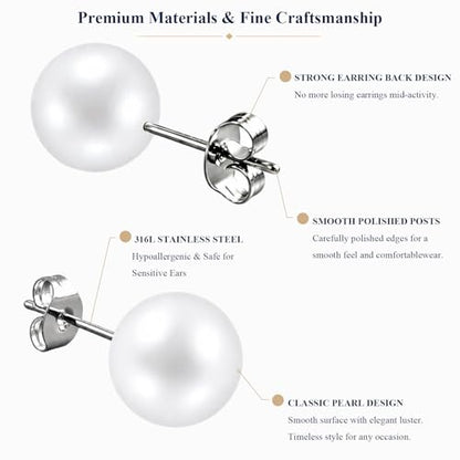 12 Pairs Simulated Pearl Stud Earrings Set for Women Men Beige White Black | 4 6 8 10 mm Faux Pearl Earrings Studs Pack, 316L Surgical Stainless Steel, Hypoallergenic for Sensitive Ears - color: White