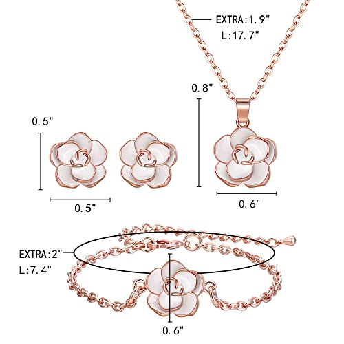 EleQueen Rose Flower Necklace Earrings Bracelet Set for Women - color: White-Rose Gold