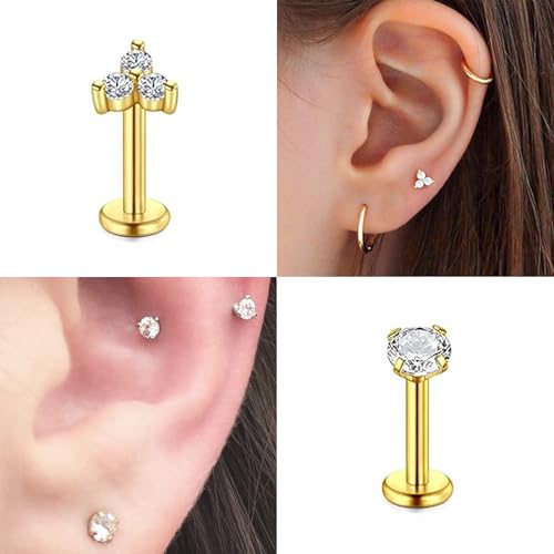 Zolure 18G/20G Flat Back Earrings Stud Threadless Nose Studs Surgical Steel Push in Earrings Tragus Cartilage Labret Helix Lip Conch Medusa Piercing Jewelry - color: 18G Gold #4