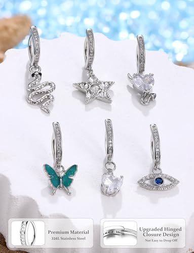 JOERICA 6 Pcs 14G Clicker Belly Button Ring for Women 316L Surgical Steel Butterfly Snake Evil Eye Heart CZ Opal Dangle Belly Button Rings Simple Reverse Navel Rings Body Belly Piercing Jewelry - color: Sliver Tone A