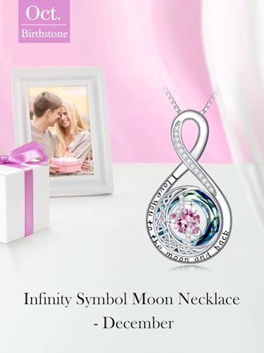 TOUPOP Birthstone Necklace for Women 925 Sterling Silver Moon and Star Pendant Necklaces I Love You to the Moon and Back Jewelry Anniversary Birthday Gifts for Her Wife Girlfriend Mom - color: 10-Oct-Pink Tourmaline