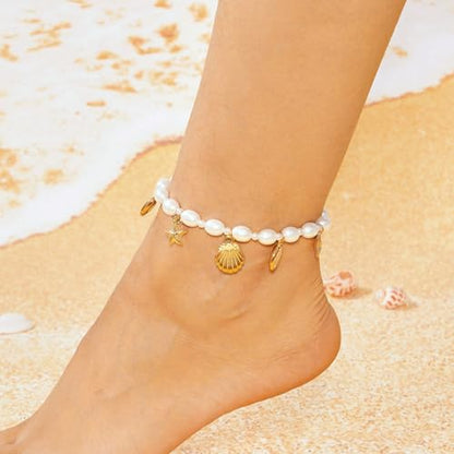 Qceasiy Shell Ankle Bracelets for Women, Boho Beaded Beach Anklet Set | Seashell, Heart, Starfish and Conch Styles, Gold-Tone, Stretch or Adjustable Fit, Layered Beach Vacation Jewelry Gifts - color: White 6