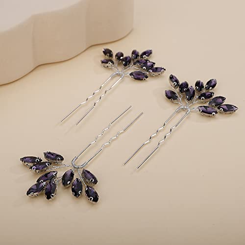 Teyglen 3pcs Bridal Crystal Hair Pins Rhinestones Hair Pieces Simple Crystal Wedding Hair Accessories Handmade Hair Pins for Women Bride Girls (Dark Purple) - color: Dark Purple