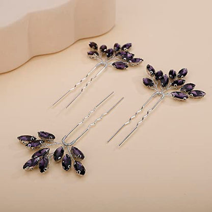 Teyglen 3pcs Bridal Crystal Hair Pins Rhinestones Hair Pieces Simple Crystal Wedding Hair Accessories Handmade Hair Pins for Women Bride Girls (Dark Purple) - color: Dark Purple