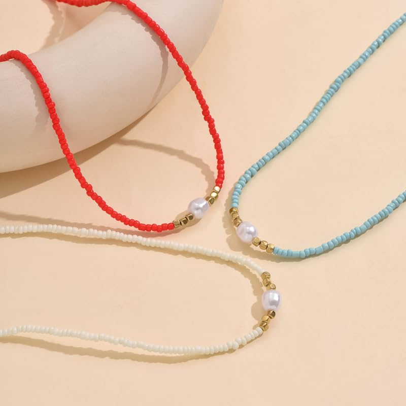 Faux Pearls Necklace Irregular Woven Beads Design, Adjustable Length, Multicolor Seed Beads for Everyday, Beach, Layering - color: White