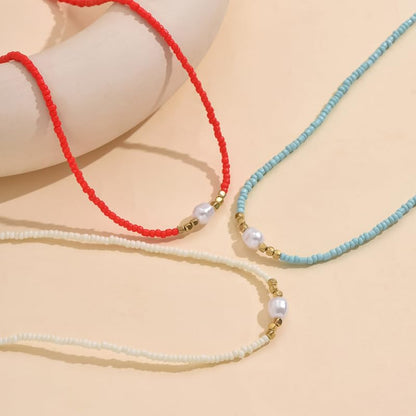 Faux Pearls Necklace Irregular Woven Beads Design, Adjustable Length, Multicolor Seed Beads for Everyday, Beach, Layering - color: White