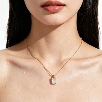 Cubic Zirconia Solitaire Necklace Stainless Steel, Rectangle Color Change Synthetic Alexandrite/Solitaire Necklace Pendant Women - color: Rectangle-Princess cut CZ-G