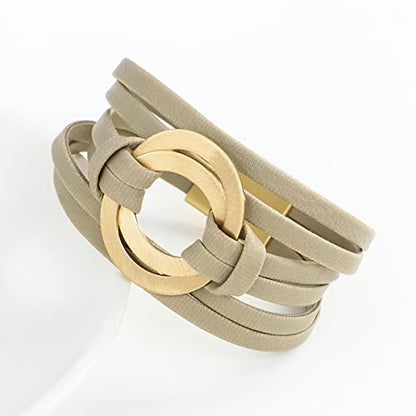 hotoo Circle Charm Bracelets for Women Handmade Leather Wrap Bracelets for Couples Friendship Bracelet Bohemian Cuff Bangle Boho Jewelry Gift - color: Grey