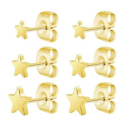 Screw on Earring Backs for Women,Hypoallergenic Surgical Steel Stud Earrings Ball Star Circle Simple Geometric Cartilage Helix Flat Back Piercing Earrings - color: 3Pairs,Gold,Star(3-5mm)