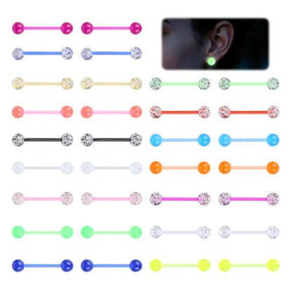 32 Pcs Glow in the Dark Acrylic Tongue Rings, 14G | Straight acrylic barbells, assorted luminous colors, lightweight body jewelry, daily and party styling