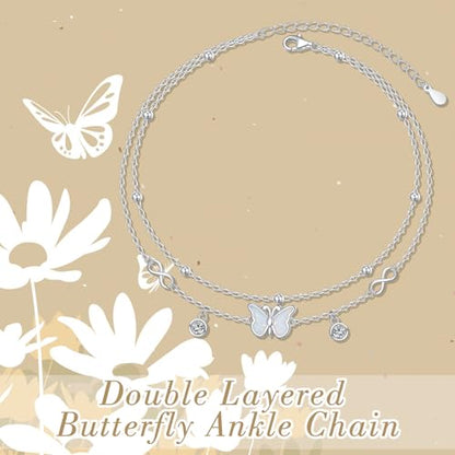 Anklets for Women 925 Sterling Silver Blue Evil Eye Infinity Butterfly Adjustable Multilayer Layered Summer Beach Ankle Bracelet Foot Chain Jewelry for Women - style: Infinity & Butterfly