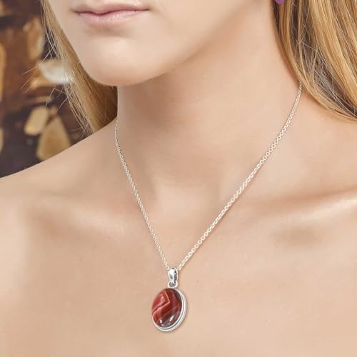 Chunky Natural Gemstone Pendant Necklace For Women Onyx, Turquoise, Amber, Garnet Oval Boho Genuine 925 Sterling Silver Handmade Jewelry - color: Botswana Agate