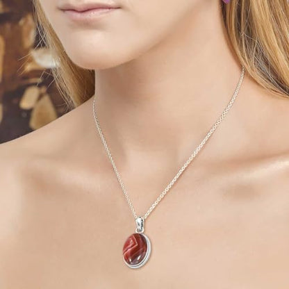 Chunky Natural Gemstone Pendant Necklace For Women Onyx, Turquoise, Amber, Garnet Oval Boho Genuine 925 Sterling Silver Handmade Jewelry - color: Botswana Agate
