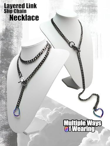 paloli Women's Slip Chain Rainbow Heart O-Ring Chunky Chain Necklace, Rays Cuban Long Layered Jewelry, Adjustable Lariat Y-Necklace Heart Loop Choker - color: D-Heart-Black-Rainbow