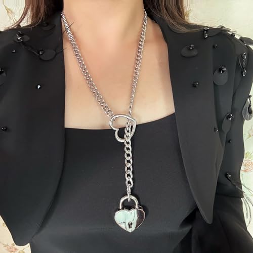 Heart O Ring Slip Chain Choker Necklace for Women Men Stainless Steel Cuban Chain Y-shape Necklaces Punk Rock Collar Adjustable Lariat Y Necklace Prom Necklaces Jewelry - color: Silver lock