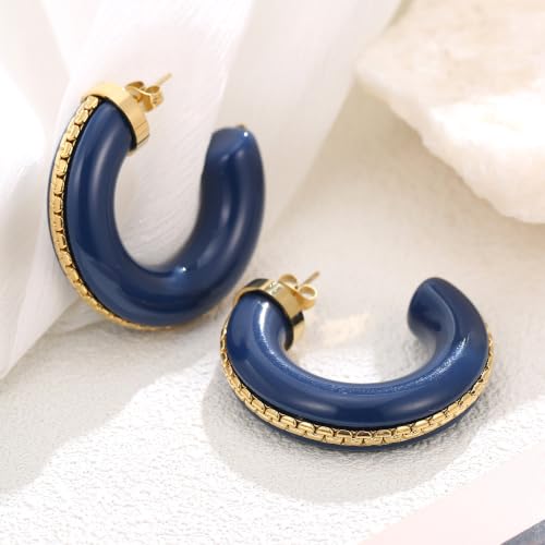 Gold Plated Resin Chunky Hoop Earrings Hypoallergenic Push Back Hoops for Sensitive Ears - color: Deep Blue