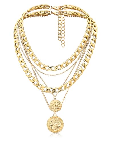 MJartoria Layered Necklaces for Women Trendy Retro Coin Pendant Necklace Dainty Chunky Chain Necklaces for Jewelry Birthday Gifts - color: Gold, style: A-Retro Coin-2PCS