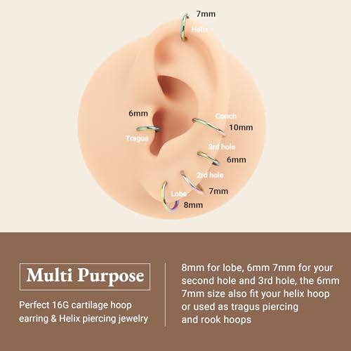 LEE&RO 16G 6MM 7MM 8MM 9MM 10MM Hinged Clicker Septum Rings 16G Nose Hoop Tragus Helix Cartilage Hoop Earrings - color: rainbow