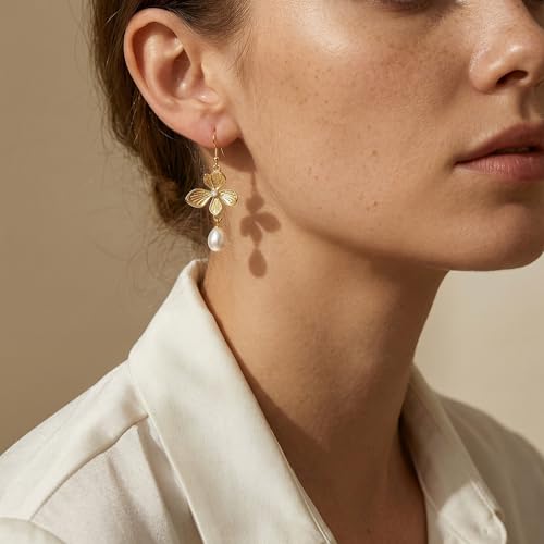BELLA-Bee Gold Plated Flower Drop Earrings for Women, Dangle Earrings with Pearl, Hypoallergenic Gold Earrings for Sensitive Ears, Elegant Jewelry Gifts - color: 14K Gold plated Flower-1